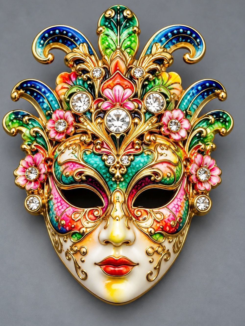 Intricate Multicolor Venetian-Style Decorative Mask brooch #cz526